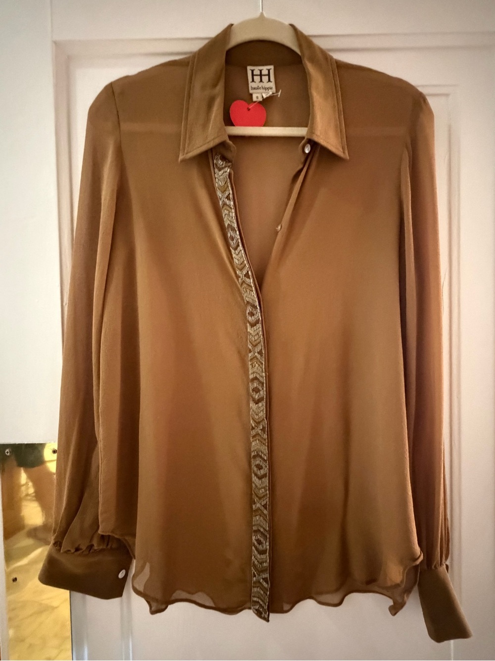 Haute Hippie Camel Brown Silk Button-Down Shirt